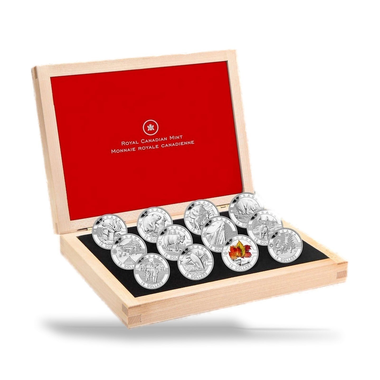 2013 O Canada $10 Complete 12-Coin 1/2 oz Silver Set in Wooden Case, with display case