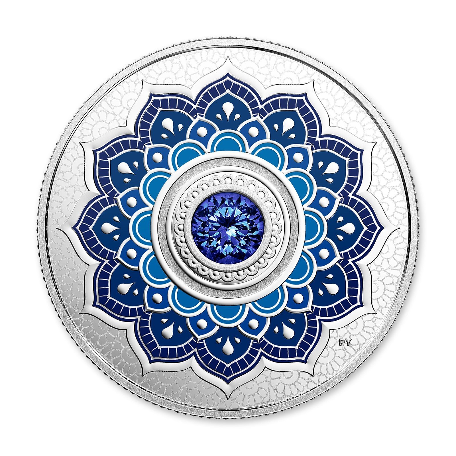 2018 $5 Birthstones: September 1/4 oz Silver Coin with Swarovski Crystal, reverse (design side)