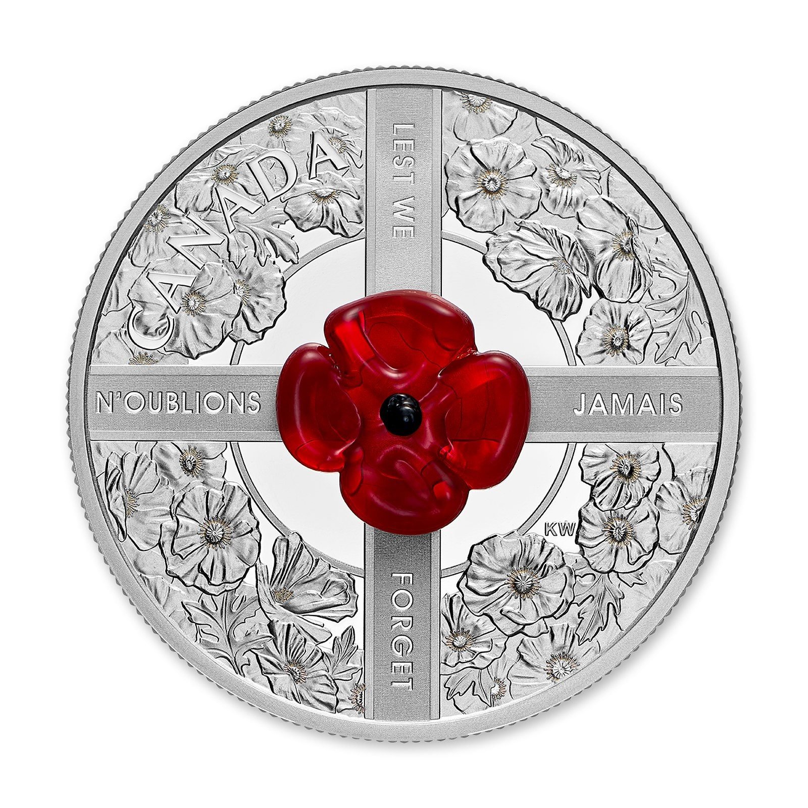 2019 $20 Lest We Forget 1 oz Silver Coin with Murano Glass Poppy, reverse (design side)