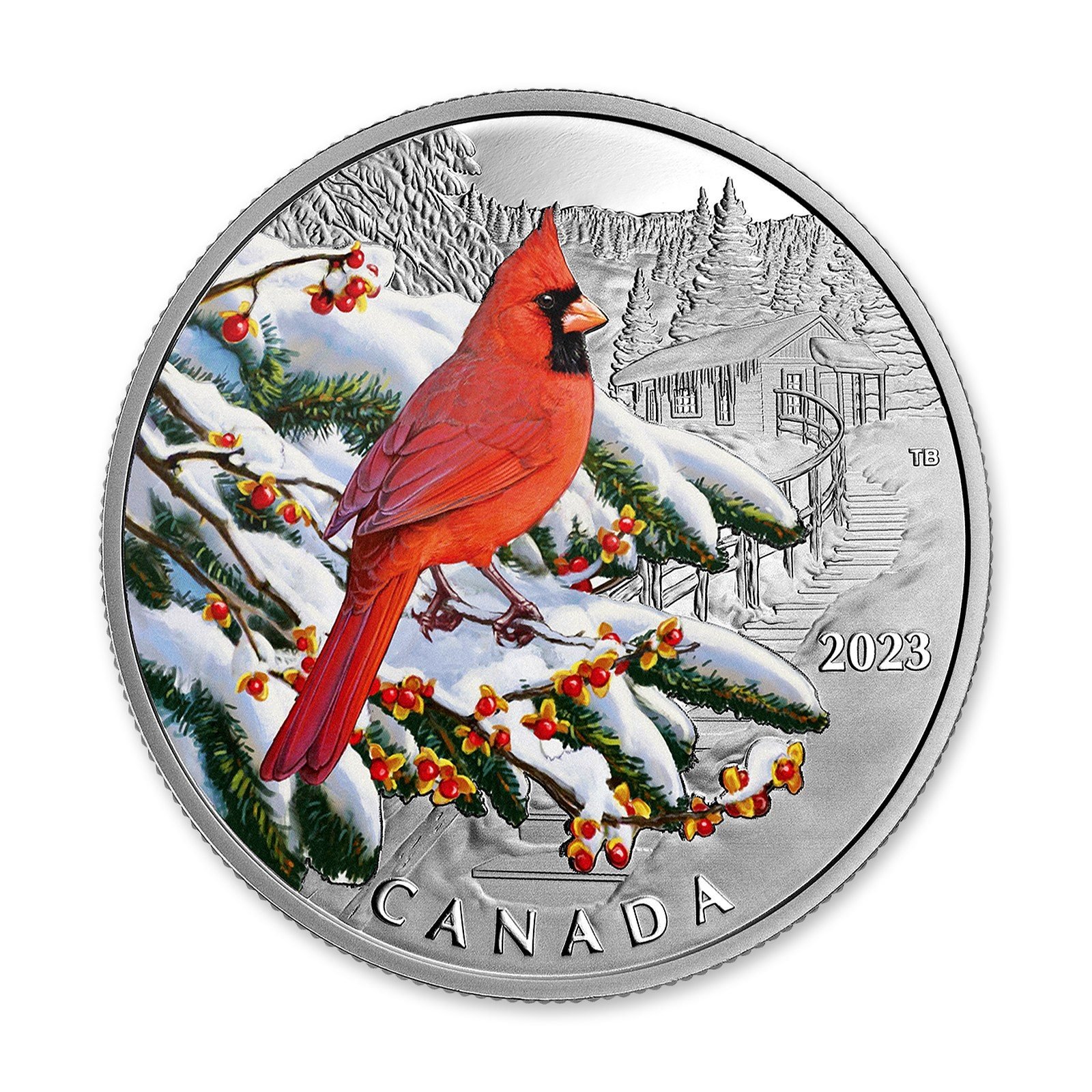 2023 $20 Colourful Birds: Northern Cardinal 1 oz Silver Coin, reverse (design side)