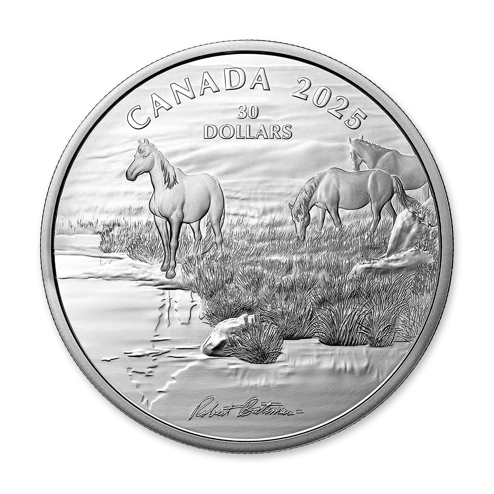 2025 $30 Mustang Country by Robert Bateman 2 oz Silver Coin, reverse (design side)
